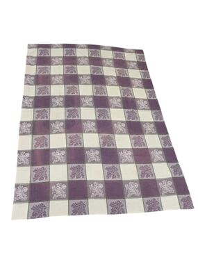 VTG 80s Purple Checkered Damask Fruit Woven Cotton Rectangular Tablecloth 78x56